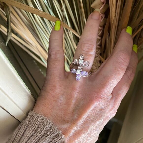 Double Flower Cz Heavy Sterling Silver Ring 2009 Era - Picture 2 of 11